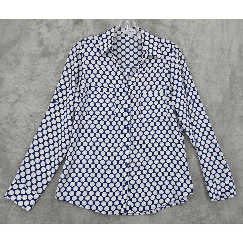 Express Blouse Womens Size S Portofino Polka Dot Office Classic Retro Navy Blue